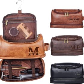 Flycalf Personalized Toiletry Bag for Men Shaving Bag Hanging Water Resistant Leather Father's Day 2023 Large Capacity Organizer Engraved Text Shower Toiletries Accessories                 