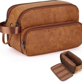 Toiletry Bag for Men, Travel Toiletry Bag Travel Essentials, Dopp Kit Water-resistant Shaving Bag, Bathroom Bag Toiletries Organizer, Brown(PU Leather)                 