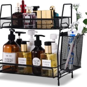 LEMIKKLE Countertop Organizer for Bathroom Counter, The Organizer for Bedroom, Spice Rack Organizer for Kitchen Counter Shelf with Small Basket(Black)                 
