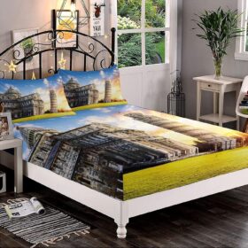 Decorative Bedding Sheet Set Twin XL Size, Italy Deep Pockets Fitted Sheet & 2 Pillow Sham Set, Miracoli Complex with The Leaning Tower of Pisa Print Microfiber 3pc Bed Sheets Set                 