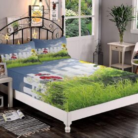 Decorative Bedding Sheet Set Twin XL Size, Farm Deep Pockets Fitted Sheet & 2 Pillow Sham Set, Grass Foliage Field with Sunflowers Daisy Hedge Fence Print Microfiber 3pc Bed Sheets Set                 