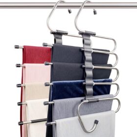 Magic Pants Hangers Space Saving - 2 Pack for Closet Multiple Layers Multifunctional Uses Rack Organizer for Trousers Scarves Slack (2 Pack with 10 Metal Clips)                 