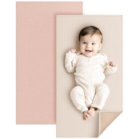 Konssy Faux Leather Baby Changing Mat, Waterproof, Wipeable & Portable Diaper Changing Pad for Travel or Home, Lightweight and Foldable Mat Fits Perfectly in Diaper Bag, 30 x 17 inches (Blush,Beige)                 