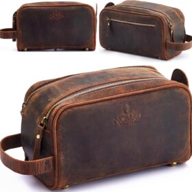 King Size Premium Leather Travel Toiletry Bag for Men and Women - Water-Resistant Dopp Kit - Mens Bathroom Bag, Shaving & Cosmetic Organizer - Mens Toiletry Bag, Mens Travel Bag Leather, Unisex Use                 