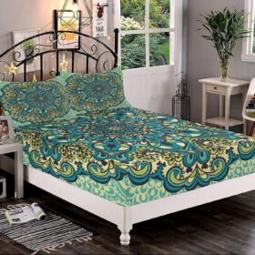 Decorative Bedding Sheet Set Twin XL Size, Abstract Flower Deep Pockets Fitted Sheet & 2 Pillow Sham Set, Mandala Style Nature Elements Vibrant Print Microfiber 3pc Bed Sheets Set                 