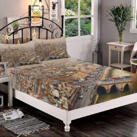 Decorative Bedding Sheet Set Twin XL Size, Eiffel Tower Deep Pockets Fitted Sheet & 2 Pillow Sham Set, Paris Streets Busy Day Buildings Bridge River City Print Microfiber 3pc Bed Sheets Set                 