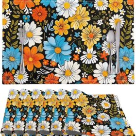 Placemats Set of 6 Boho Hippie Daisy Flower Printed Kitchen Dining Table Mat for Party Holiday Indoor Heat Resistant Soft Home Countertop Accessory Decor, 11.8 X 17.7 Inch                 