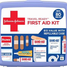 Johnson & Johnson Travel Ready Portable Emergency First Aid Kit for Minor Wound Care with Assorted Adhesive Bandages, Gauze Pads & More, Ideal for Travel, Car & On-The-Go, 80 pc                 