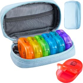 Serfeymi Weekly Travel Pill Organizer 2 Times A Day AM PM Upgraded Rainbow Pill Box 7 Day with Portable Zipper PU Leather Pill Case, Medicine Organizer for Pills, Vitamins, Fish Oils - Blue 01                 