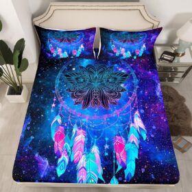 Bohemian Lotus Fitted Sheet Queen Size Moon Star Galaxy Starry Sky Bedding Sheet Set,Dream Catcher Bed Cover Ultra Soft Breathable Bedding 3 Pcs                 