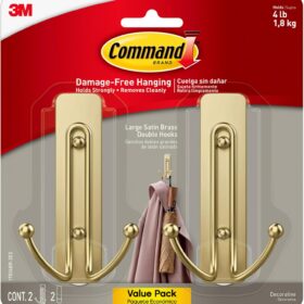 Command Large Satin Brass Double Hooks, 2 Hooks and 2 Command Strips, Damage Free Hanging Wall Hooks with Adhesive Strips, No Tools Coat Hooks for Hanging Home Decor, Holds up to 4 lb                 