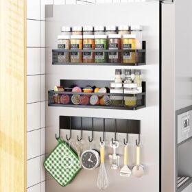 Magnetic Spice Rack for Refrigerator, 3 Pack Magnetic Shelf, Moveable Fridge Organizer with 8-Hook Rack, Seasoning Organizer for Kitchen                 