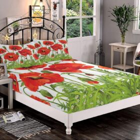 Decorative Bedding Sheet Set Twin XL Size, Ladybugs Deep Pockets Fitted Sheet & 2 Pillow Sham Set, Red Poppy Flower Border Wildflowers Lawn Print Microfiber 3pc Bed Sheets Set                 