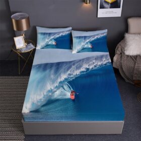 Surfing Sea Surfing Surfboard Fitted Sheet Set Big Wave Surfing Decoration Surfing Sea Sports Bedding Set,includ 1 Fitted Sheet +2 Pillowshams (B,Twin-Fitted Sheet-3PCS)                 