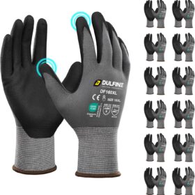 DULFINE Safety Work Gloves MicroFoam Nitrile Coated-12 Pairs Pack,Seamless Knit Nylon Glove with Black Micro-Foam Nitrile Grip,Ideal for General Purpose,Automotive,Home Improvement,Painting(Small)                 