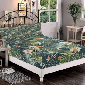 Decorative Bedding Sheet Set Twin XL Size, Floral Deep Pockets Fitted Sheet & 2 Pillow Sham Set, Botanic Tropic Leaves and Flowers Hawaiian Summer Plants Print Microfiber 3pc Bed Sheets Set                 