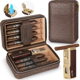 Scotte Cigar Humidor Box, Cigar Lighter Cedar Wood Lined Leather Cigar Case Built in Hygrometer & Humidifier, Torch Lighter with Cigar Holder Cigar Punch Portable Travel Cigar Humidor Kit(No Butane)                 