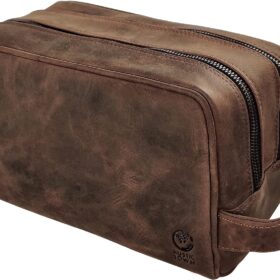 RUSTIC TOWN Full Grain Leather Travel Toiletry Bag - Dopp Kit Organizer (Dark Brown)                 