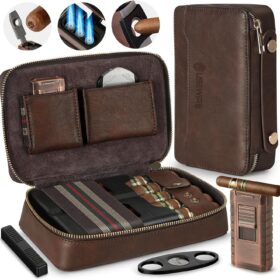 Travel Cigar Humidor, Leather Cigar Case ?with Cigar Lighter and Cigar Cutter?Holds 5 Cigars Cigar Case, Portable Cigar Humidor Travel Case, Cigar Accessories for Men (No Butane)                 