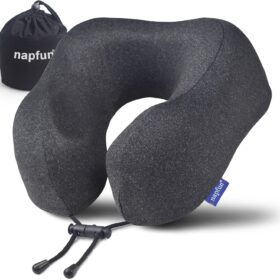 napfun Travel Pillow, Travel Accessories & Travel Essentials for Airplane Upgraded 100% Pure Memory Foam Travel Neck Pillow for Flight Headrest Sleep, Portable Plane Necessities, Full Black                 