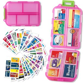 Pill Organizer with Medicine Labels Travel Daily Pill Container Mini Medication Organizer Storage Pill Organizer Pill Case 7 Day Pill Organizer(Pink, 161 Lables)                 