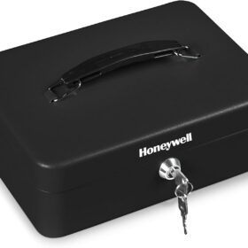 Honeywell Safes & Door Locks - Standard Small Cash Box with Removable Money Tray - Storage Under Tray & 5 Coin Slots - Durable Metal Safe with Key Lock - Saving Money Lock Box - Black, 0.14 CU - 6112