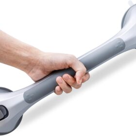 LEVERLOC Grab Bars for Bathtubs and Showers, 2 Pack Shower Handle 17 Inch Strong Suction Bath Handrails, Safety Grip for Bathroom Chair, Bathroom Grab Bar for Senior No Drilling Waterproof,Silver