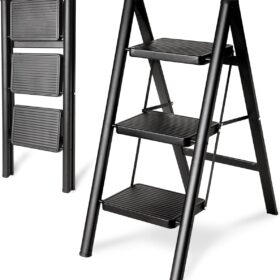 Double Elite Step Ladder 3 Step Folding, Sturdy 330 Lbs Small Step Stool for Adults, Safer Full Steel Multi-use Kitchen Ladder for Home, Closet Step Stool Ladder with Anti-Slip Wide Pedals, Black