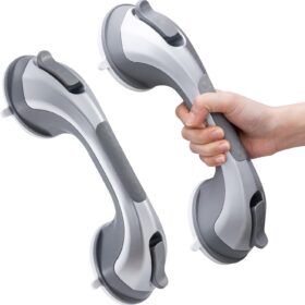 LEVERLOC Grab Bars for Bathtubs and Showers 2 Pack Suction Grab Bar, Heavy Duty 12 Inch Shower Handle Removable Handrails for Seniors and Elderly, Bathroom Safety Grip No Drilling Waterproof Silver              