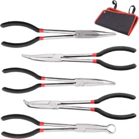 Swpeet 5Pcs Precision 11inch Long Needle Nose Pliers Assortment Kit, Long Reach Pliers Set Wire Plier Repair Tool - Straight, 25, 45, 90-Degree Angle, Long Reach Circle Pliers Perfect for Auto Body