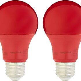 Amazon Basics A19 Red Color Party LED Light Bulbs, 60 Watt Equivalent, Energy Efficient 9W, E26 Standard Base, Non-Dimmable, 10,000 Hour Lifetime, 2-Pack