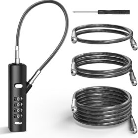 Combination Cable Lock, Small Portable Wire Lock, with 3 Replaceable Steel Ropes (9 / 23.6 / 47.2), Rope Lock for Cabinet, Bike, Luggage, Gate, Door, Fence, (Black, 1 Pack)