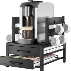K Cup Holder Drawer - Coffee Pod Organizer for Counter, Sturdy k cups Storage Drawer with Mug Rack, Coffee Maker Stand, 70 Capacity Pods, Home Kitchen Counter Organizer, Black