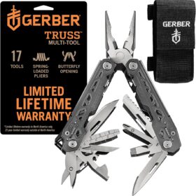 Gerber Gear Truss 17-in-1 EDC Needle Nose Pliers Multi tool - includes Pocket Knife, Screwdriver, and Bottle Opener Accessories - Gifts for Men, Fishing and Camping Gear - Gray with Standard Sheath