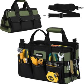 12-Inch Small Tool Bag, 15-Pocket Portable Tool Box Organizer Storage, Heavy Duty Tactical Carrying Tote, Home Toolbag with Large Zipper, Father Day Dad Men Engineer Electrician Gift, Green              