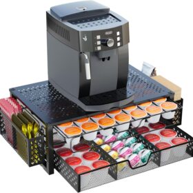 Simple Trending Coffee Pod Holder for K Cups, with 2 Tier Slidng Storage Drawer and Coffee Accessories Holder, 63 Large or 80 Small Capsule Organizer, Black