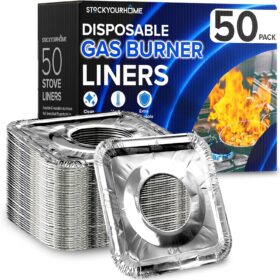Disposable Gas Burner Liners (50 Pack) Aluminum Foil Square Gas Stove Burner Covers - 8.5 Inch Gas Range Protector, Stove Top Covers for Gas Burners, Foil Liners to Catch Oil, Grease, and Food Spills              